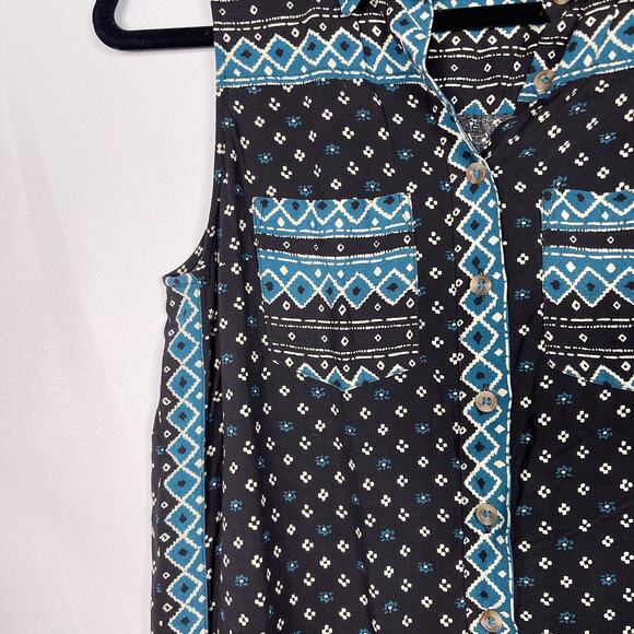 Anthropologie Akemi + Kin XS Ira Tribal Print Sleeveless Button Top Black Blue - Picture 6 of 10